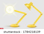 Task table desk lamp set. Sample Model Vintage Cone Shade in yellow color. For Coworking, Home Office Workspace and Study Room. Vector Illustration