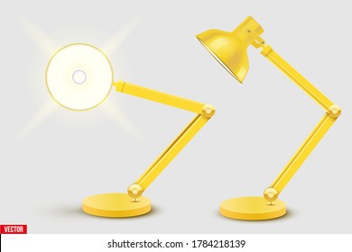 Task table desk lamp set. Sample Model Vintage Cone Shade in yellow color. For Coworking, Home Office Workspace and Study Room. Vector Illustration