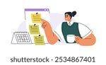 Task and time management with daily to-do list. Woman organizing business, work with calendar, checklist, sticky note. Effective planning concept. Flat vector illustration isolated on white background