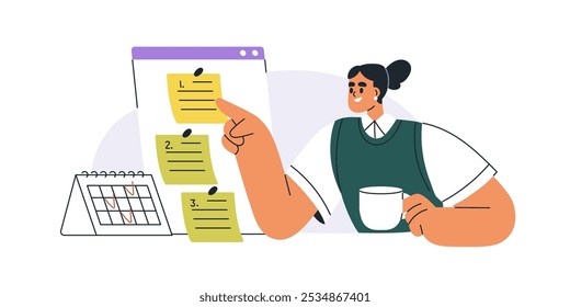 Gestión de tareas y tiempo con lista de tareas diarias. Mujer organizando negocios, trabajo con calendario, lista de verificación, nota adhesiva. Concepto de planificación eficaz. Ilustración vectorial plana aislada sobre fondo blanco