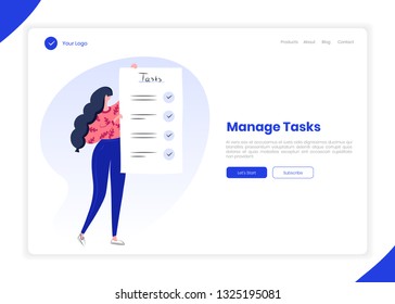 Task and time manager, planning, to do list application landing page template. Woman feel in all check boxes in to do list, she did all tasks. Business management flat modern characters design, vector