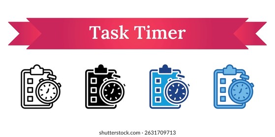 Task Timer - Outline, Glyph Silhouette, Dual Tone, Blue Fill Icon - checklist clipboard with a stopwatch, representing task planning and time management