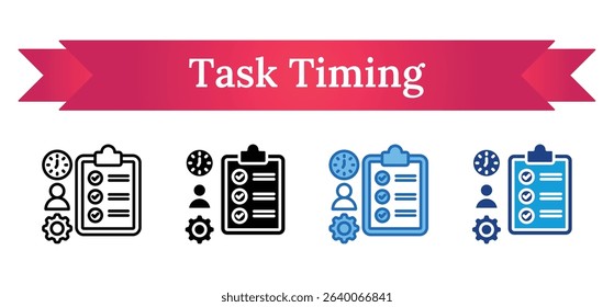 Task Timing Multi Style Icon - Checklist, user, gear, and clock indicating efficient personal task tracking and completion