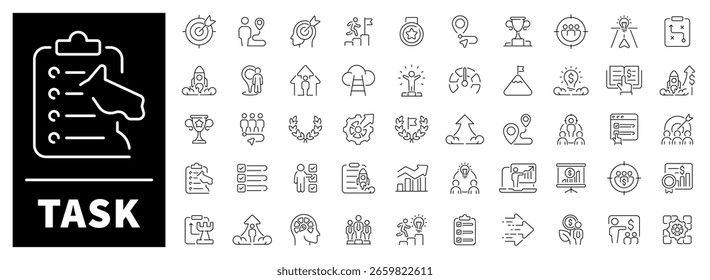 Tarefa, listas de tarefas, caixas de seleção, metas, lembretes e ícones de produtividade Conjunto linear de 50 ícones