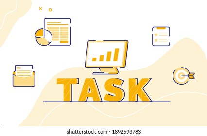 task typography word art background of icon email message pie bar chart clip board target with outline style