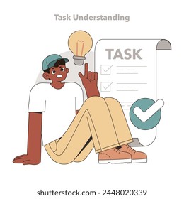 Aufgabenverständnis. Ein aufschlussreiches Teammitglied mit einer Glühbirnenidee überprüft eine ausgefüllte Checkliste, die auf das Verständnis des Projekts hinweist. Vektorillustration.