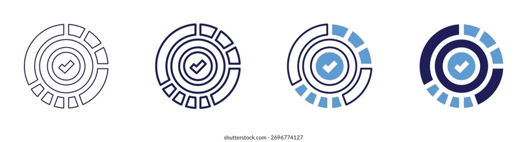 Ícone da marca de verificação de tarefas em 4 estilos diferentes. Linha Fina, Linha, Linha Negrito, Duotônico. Estilo duotônico. Traçado editável.