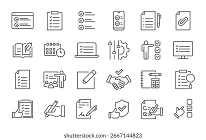 Iconos web de la tarea en estilo de línea. Lista de comprobación, proyecto, flujo de trabajo, lista de tareas pendientes, gestor, Plan, multitarea, colección. Ilustración vectorial.