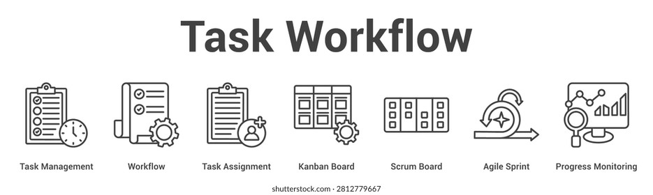 Task Workflow web banner icon set vector illustration concept for business with icon of Task Management, Workflow, Task Assignment, Kanban Board, Scrum Board, Agile Spri.