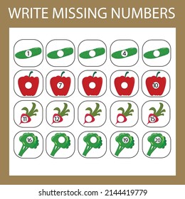 The task is to write in the lost numbers from 1 to 20. Educational exercises for preschool children