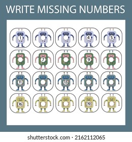 The task is to write in the lost numbers from 1 to 20. Educational exercises for preschool children