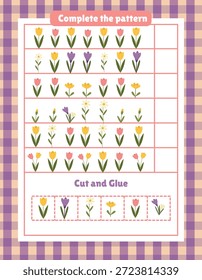 Una tarea para los niños más pequeños con lindas flores de primavera. Lo que sigue. Hojas de trabajo para el jardín de infantes