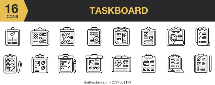 Taskboard icon set. Includes project management, workflow planning, productivity tracking, business organization, and more. Outline icons vector collection.