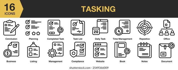 Conjunto de iconos de tareas. Incluye conclusión, planificación, lista de tareas, listado, negocio, Sitio web, libro y más. Colección de Vector de iconos de contorno.