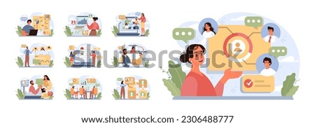 Tasking set. Setting and following schedule. Time optimization of office character. Checklist making. Successful business project management, planning and implementation. Flat vector illustration