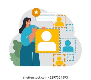 Enmascaramiento. Establecer y seguir la programación. Optimización del tiempo del carácter femenino de la oficina. Listas de verificación. Gestión, planificación e implementación exitosas de proyectos empresariales. Ilustración vectorial plana