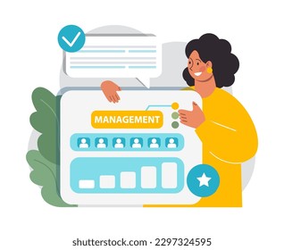 Enmascaramiento. Establecer y seguir la programación. Optimización del tiempo del carácter femenino de la oficina. Listas de verificación. Gestión, planificación e implementación exitosas de proyectos empresariales. Ilustración vectorial plana