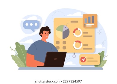 Tasking. Setting and following schedule. Time optimization of male office character. Checklist making. Successful business project management, planning and implementation. Flat vector illustration