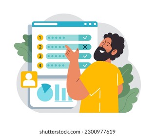 Tasking. Setting and following schedule. Time optimization of male office character. Checklist making. Successful business project management, planning and implementation. Flat vector illustration