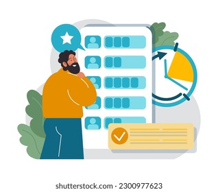 Tasking. Setting and following schedule. Time optimization of male office character. Checklist making. Successful business project management, planning and implementation. Flat vector illustration