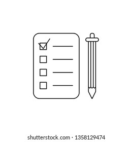 Tasklist line icon. Notepad and pencil. List with checkmark. Test answer page. Taking notes linear illustration. Exam sheet. Task management. Checklist. Isolated vector contour symbol