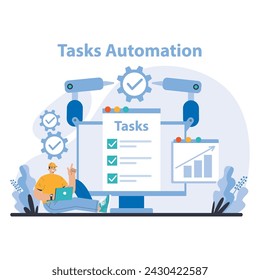 Tasks Automation concept. Seamless integration of robotics in workflow management. Enhancing efficiency through automated systems and software solutions. Flat vector illustration.