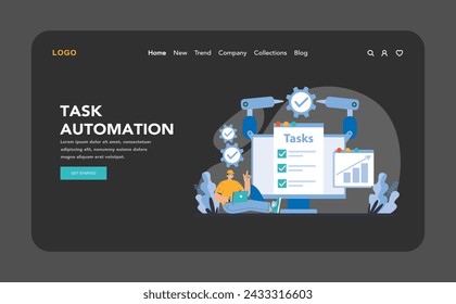 Tasks Automation night or dark mode web or landing page. Seamless integration of robotics in workflow management. Enhancing efficiency through automated systems and software solutions.