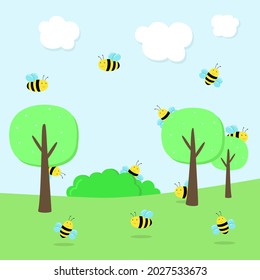 Tasks for children. Count the number of bees.
Bright, childish illustration, bees in nature. Vector graphics. Design for children's books, exercise books for preschoolers. Child development, counting.