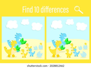 Tasks for children. Find 10 differences. Dinosaur family in nature. Mom, dad, and kids. Tarannosaurus rex. Jurassic period. Design for children's books, notebooks. Preschooler development.