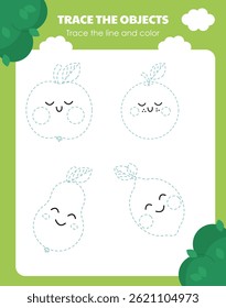 Tasks for children to train their hands for writing with cute fruits. Worksheets in kindergarten