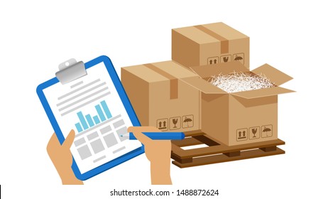 Tasks Clipboard In Hands And Crate Boxes For Quality Check, Clipboard With Checkmark For Stock Quality Report, Quality Control Of Cardboard Parcel Boxes In Warehouse Factory, Packaging Cargo Isolated