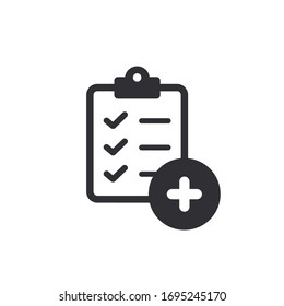 Tasks. Clipboard icon. Task done. Signed approved document icon. Project completed. Medical insurance. Medical record. Medical survey. Add document. Check Mark sign. Worksheet sign. Project completed.