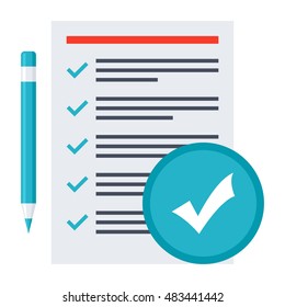 Tasks completed concept with todo list and pencil in flat style.