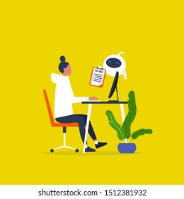 Tasks. Cute robot holding a To do list. Office life. Millennials at work. Personal assistant. Artificial intelligence. Young female character sitting at the computer. Flat vector illustration