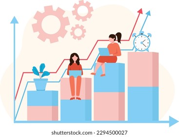 Tasks of different levels. Teamwork of employees with different experience. Principles of successful projects, progress. Girls are working on laptops. Colored vector characters in flat style