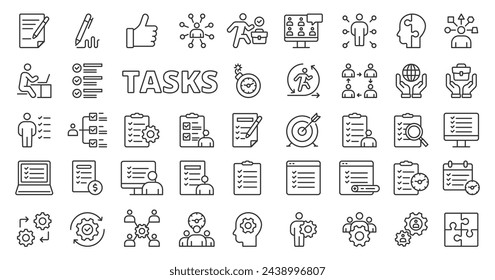 Tasks icons in line design. Tasking, to do, planing, business, duty, project, manager, report, list, check, plan, check mark isolated on white background vector. Tasks editable stroke icons.