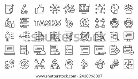 Tasks icons in line design. Tasking, to do, planing, business, duty, project, manager, report, list, check, plan, check mark isolated on white background vector. Tasks editable stroke icons.