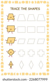 Tareas para niños. Formas aprendiendo. Educación temprana. Rastreo de hoja de cálculo para niños. Práctica de escritura a mano preescolar. Juego de geometría. Actividad mazista. Las líneas discontinuas juegan y estudian el libro de la página. 
