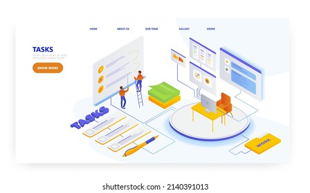 Tasks, landing page design, website banner vector template. Task management, workflow, checklist, planning schedule.