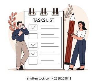 Tasks list concept. Motivation and leadership. Time management and organization of efficient workflow. Poster or banner for website. Vision of future metaphor. Cartoon flat vector illustration
