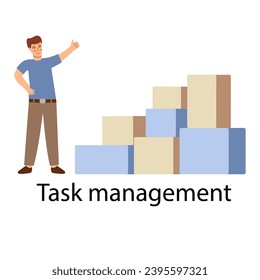 Tasks management.Tired and exasperated office worker.Productive workflow organization.Task management. Vector illustration.Isolated on white background.