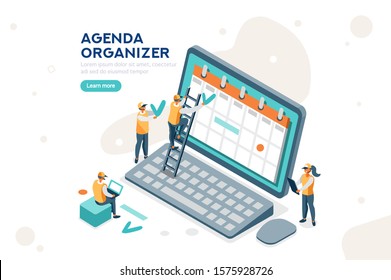 Tasks, marks on the office agenda of the week, web appointment organizer. Blank dates on computer and important event schedule, communication service to fill calendar, cartoon flat vector illustration