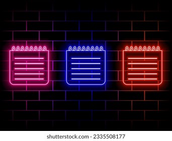 tasks. neon style. Annual planner sign. Event schedule symbol. Neon light background. Calendar glow line. Brick wall banner. Vector. green, red, yellow, pink, blue, orange.
