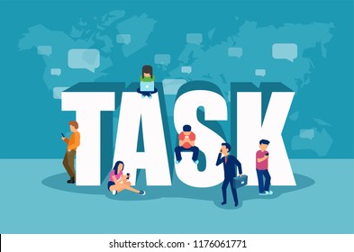 Tasks new startup concept. Vector of business people freelancers using mobile devices for managing, project development.