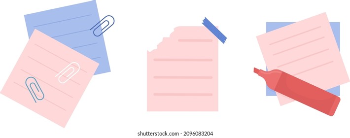 Tasks on note papers semi flat color vector object set. Writing with marker. Realistic item on white. Lifestyle isolated modern cartoon style illustration for graphic design and animation collection
