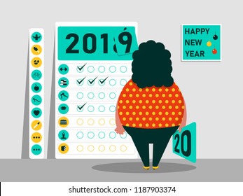 Tasks and plan for 2019 - 2020. Calendar of habits. Funny fat character. Happy New Year. Vector illustration.