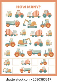 tasks for preschoolers on counting and attentiveness with construction vehicles