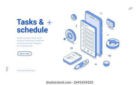 Tasks and scheduling through various icons such as a phone, notepad, and charts, showcasing a modern approach to organization and productivity. Isometric line banner template