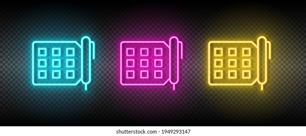 tasks, todo vector icon yellow, pink, blue neon set. Tools vector icon