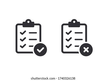 Tasks. Vector icon. Prepare document. Clipboard icon. Task done. Signed approved document icon. Project completed. Reject file. Accept document. Survey. Worksheet sign. Check Mark sign. Task manager.